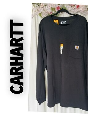 Carhartt Black Long Sleeve Pocket Tee with Yellow Logo Patch Size 2XL